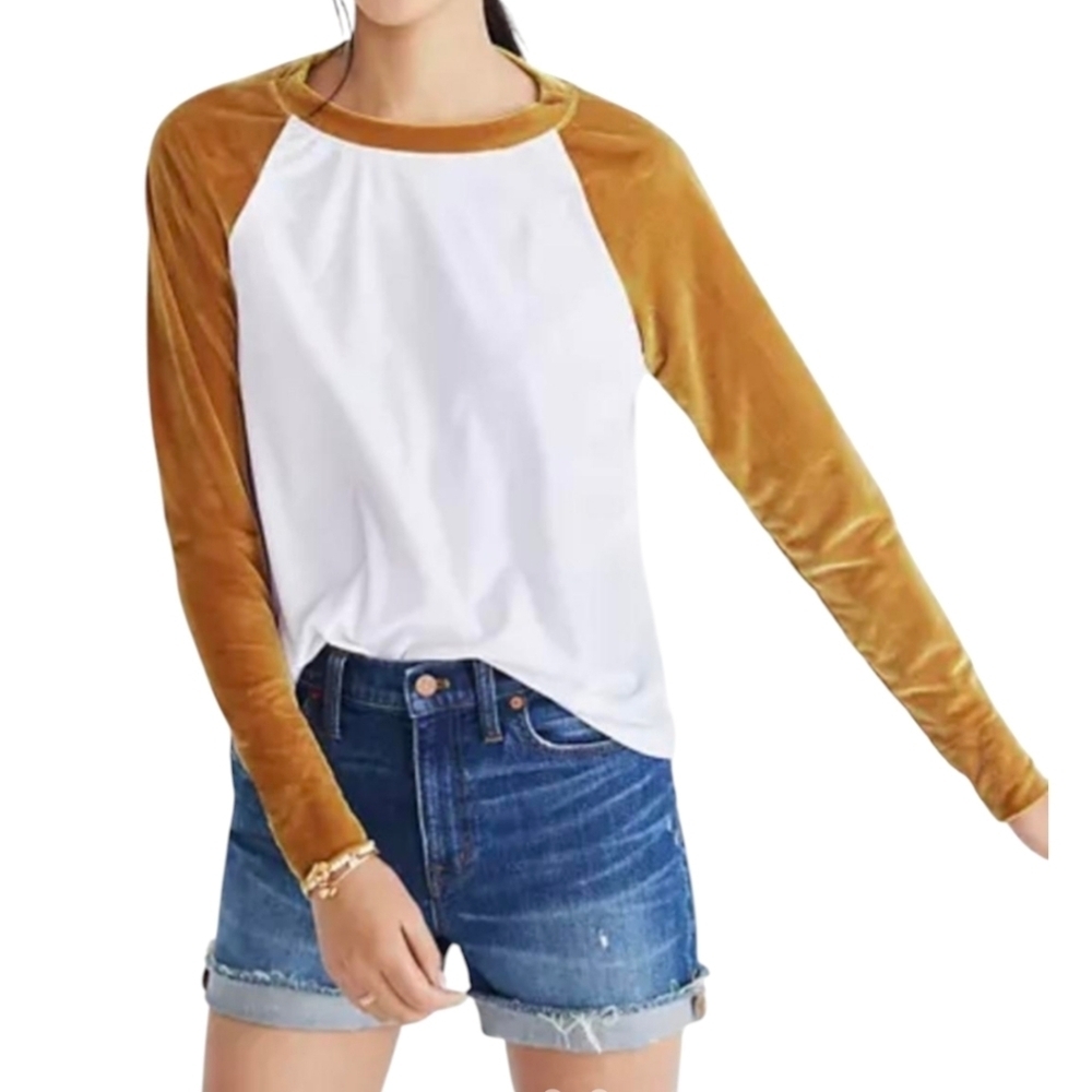 Madewell Women's Cream and Gold T-shirt Long Sleeve Velvet Size Medium